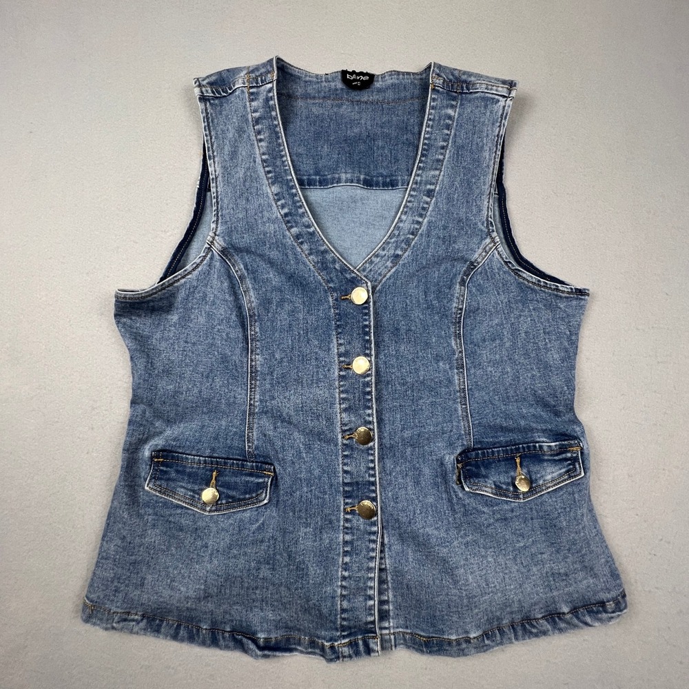 Bebe Denim Vest Womens XL Blue Button Front Gold Hardware Casual Y2K‎ Style
